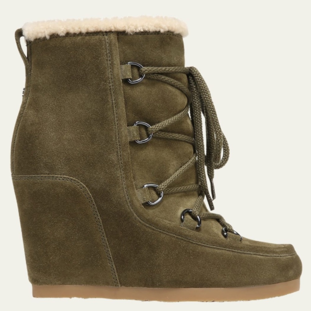 Veronica Beard Elfred Suede Shearling Laced Up Wedges Booties~Size:5~olive green